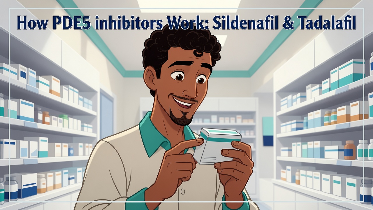 Man reading a medicine box in a pharmacy aisle - How PDE5 inhibitors Work: Sildenafil & Tadalafil